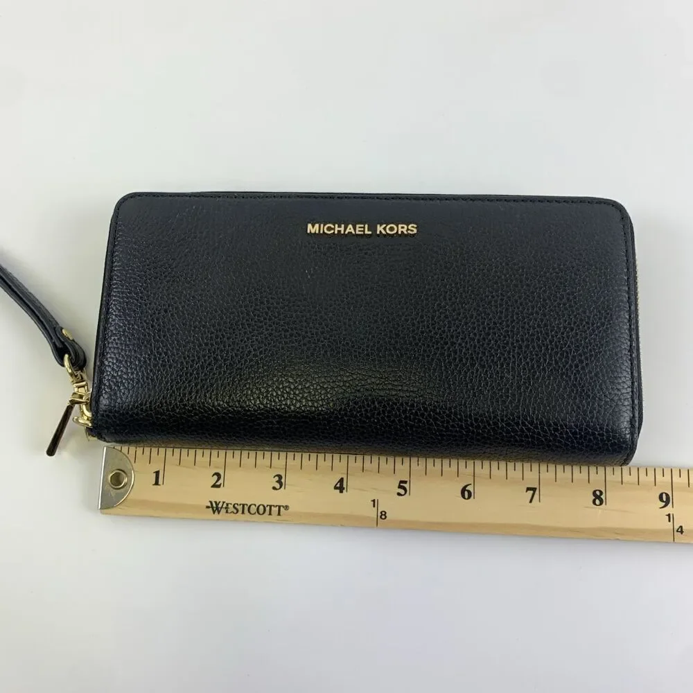 Michael Kors Leather Continental Wristlet Mercer Black Pebbled Wallet Zip Around